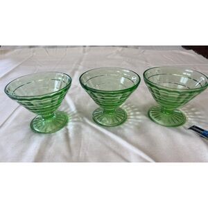 Set of 3 Anchor Hocking vaseline depression glass block optic green champagne